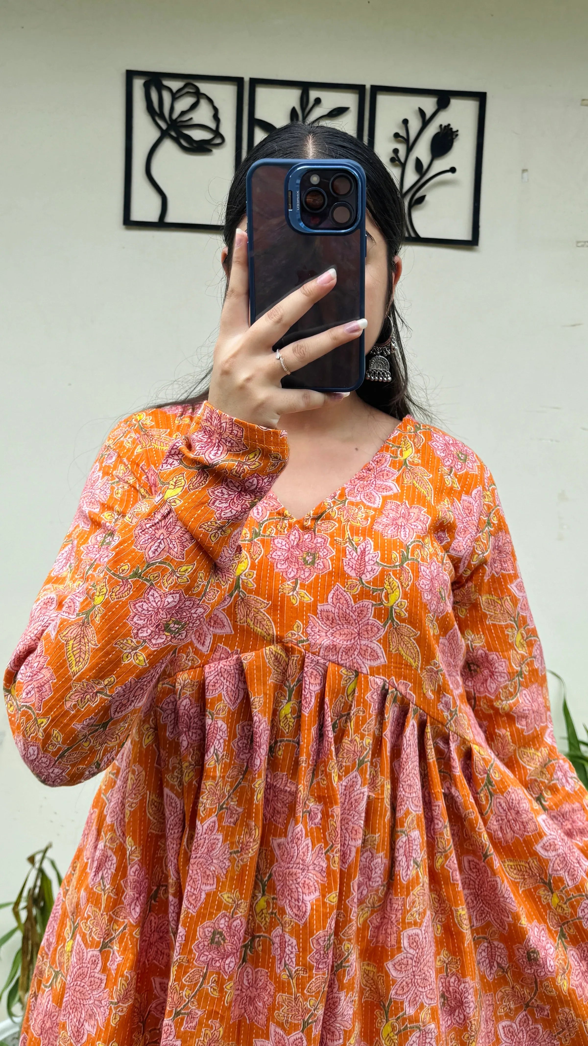 Katha Cotton Orange Flared Floral Print Aliacut Peplum Top - Dolled Up