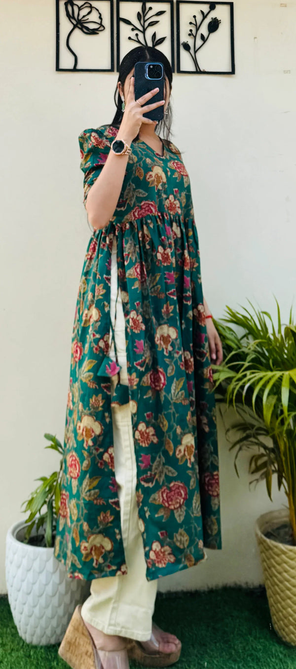 Cotton Printed Green Puff Sleeves Nyra Cut Long Kurti - Dolled Up