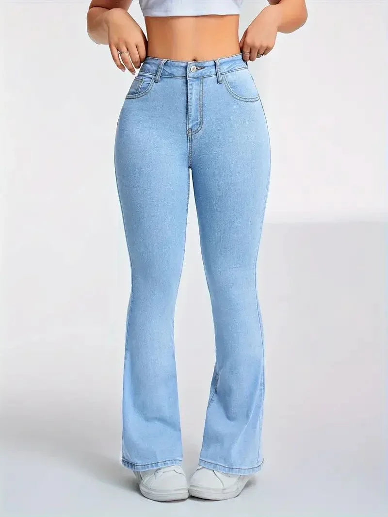 High Waisted Ice Blue Bootcut Flared Jeans - Dolled Up