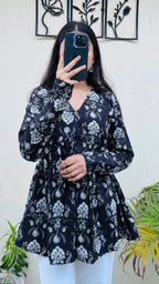 Cotton Blue Flared Printed Aliacut Peplum Top - Dolled Up