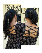 Cotton Black Bellsleeve Backless Ajrakh Print Flared Aliacut Short Kurti - Dolled Up