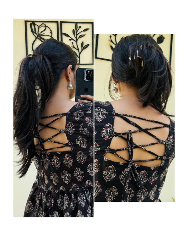 Cotton Black Bellsleeve Backless Ajrakh Print Flared Aliacut Short Kurti - Dolled Up