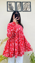 Cotton Red Flared Aliacut Floral Print Peplum Top - Dolled Up