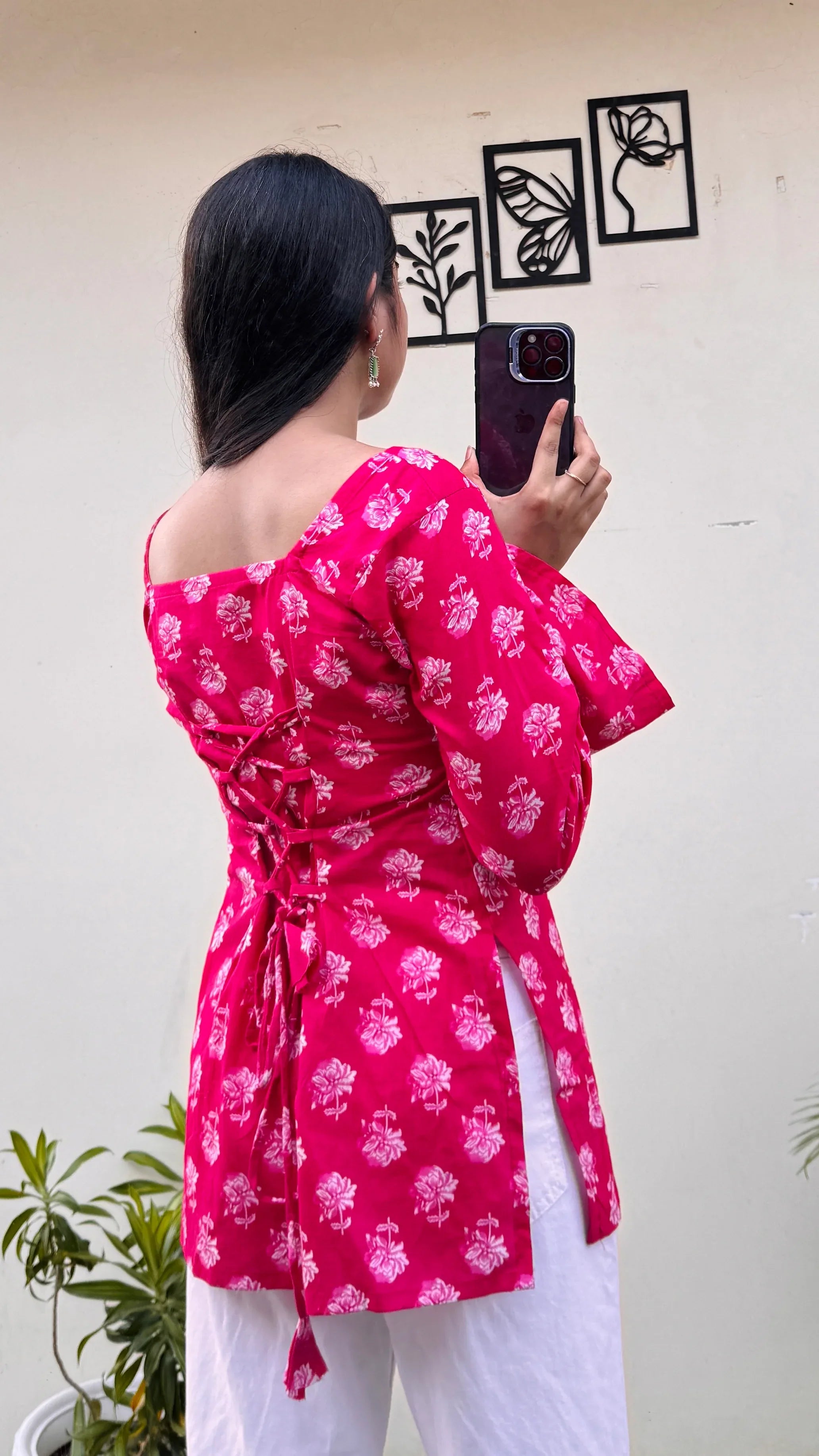 Cotton Dark Pink Square Neck Corset Back Short Kurti - Dolled Up