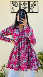 Cotton Flared Pink Katha Floral Print Aliacut Peplum Top - Dolled Up