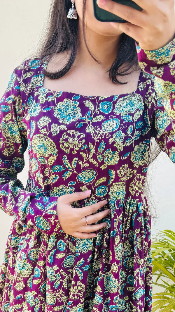 Cotton Full Sleeve Wine Nyra Cut Long Kurti - Dolled Up