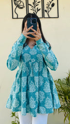 Katha Cotton Blue Flared Floral Print Aliacut Peplum Top - Dolled Up
