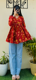 Cotton Flared Aliacut Floral Print Peplum Top - Dolled Up