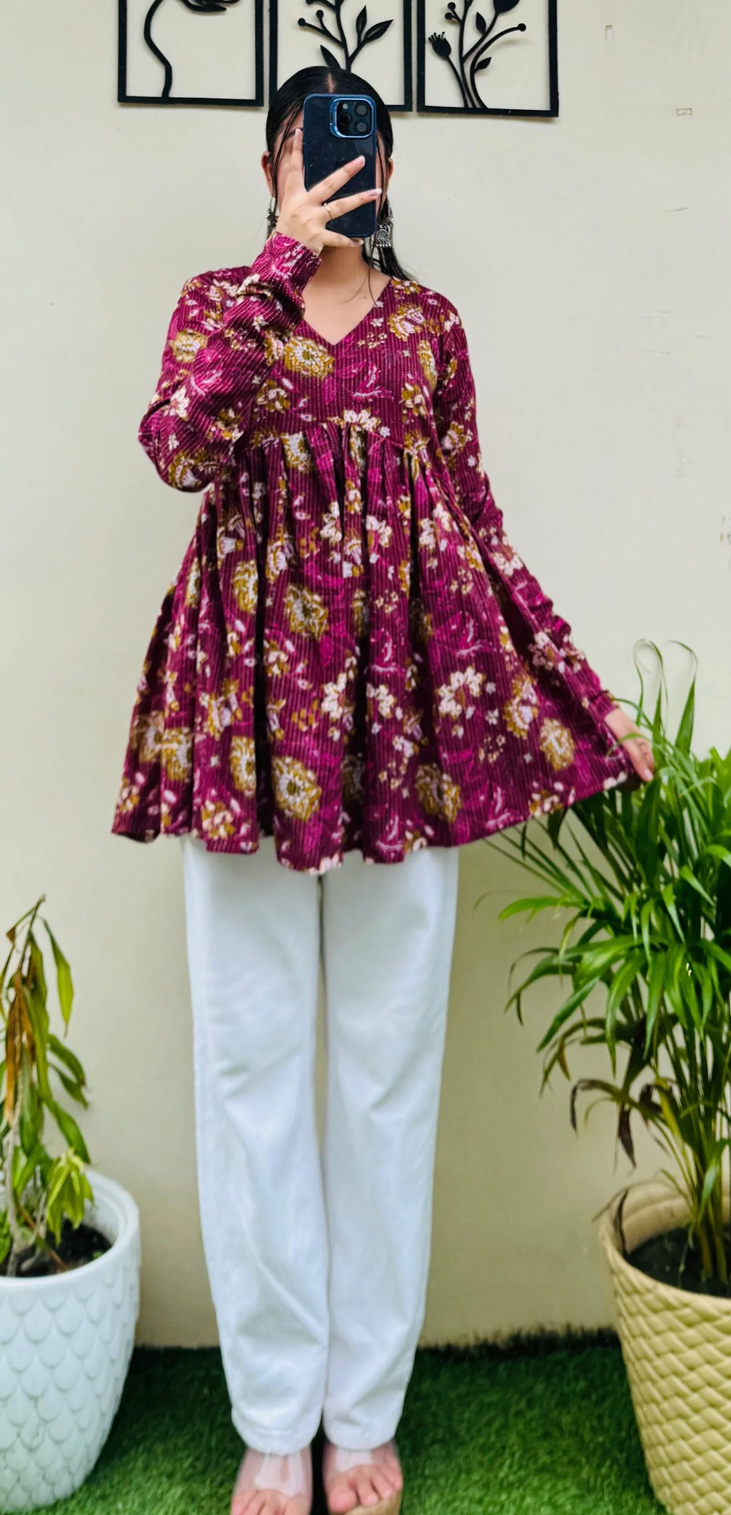 Cotton Katha Flared Wine Aliacut Floral Print Peplum Top - Dolled Up