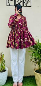 Cotton Katha Flared Wine Aliacut Floral Print Peplum Top - Dolled Up