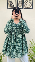 Cotton Flared Olive Green Printed Aliacut Peplum Top - Dolled Up