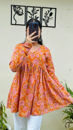 Katha Cotton Orange Flared Floral Print Aliacut Peplum Top - Dolled Up