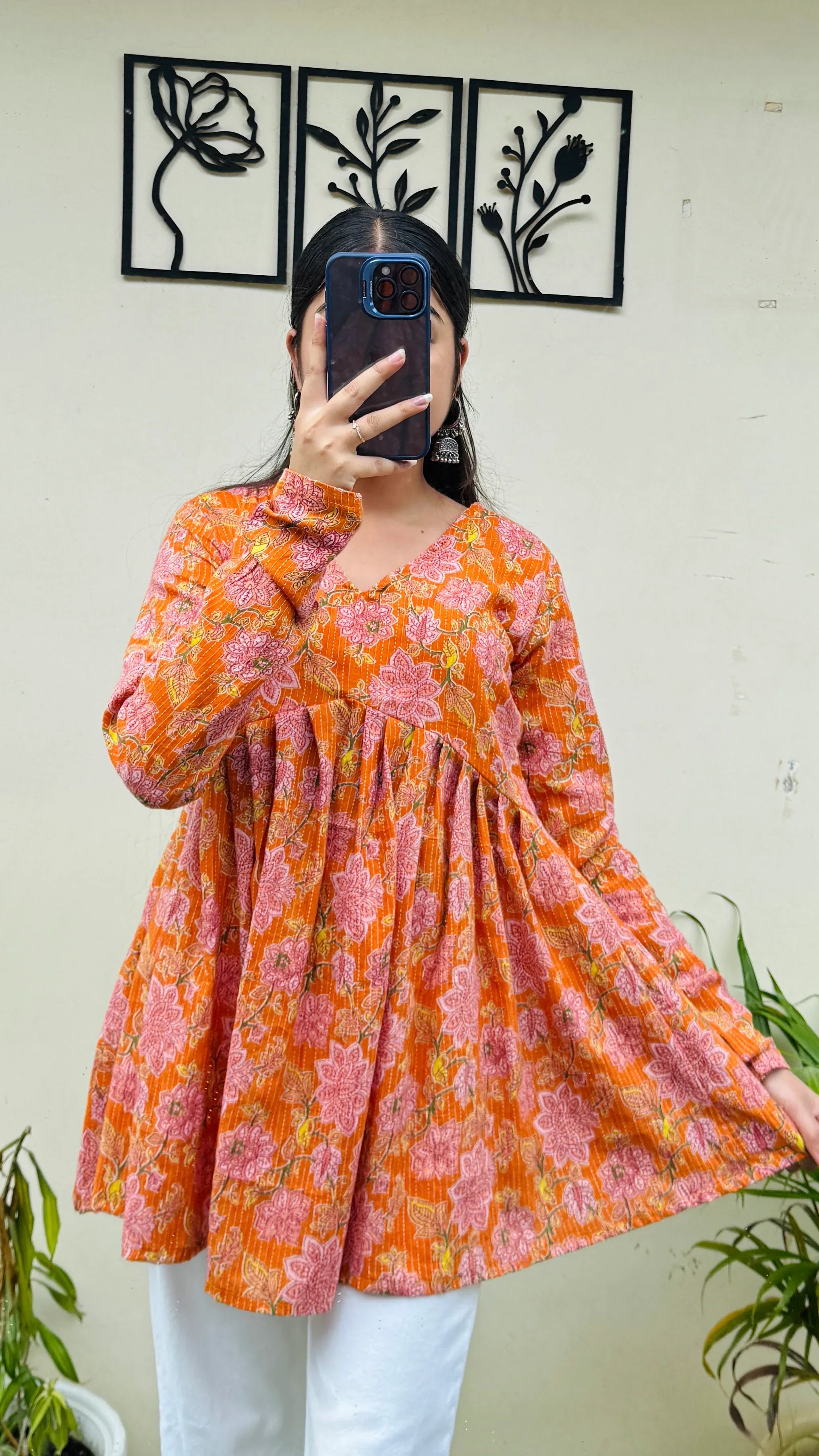 Katha Cotton Orange Flared Floral Print Aliacut Peplum Top - Dolled Up