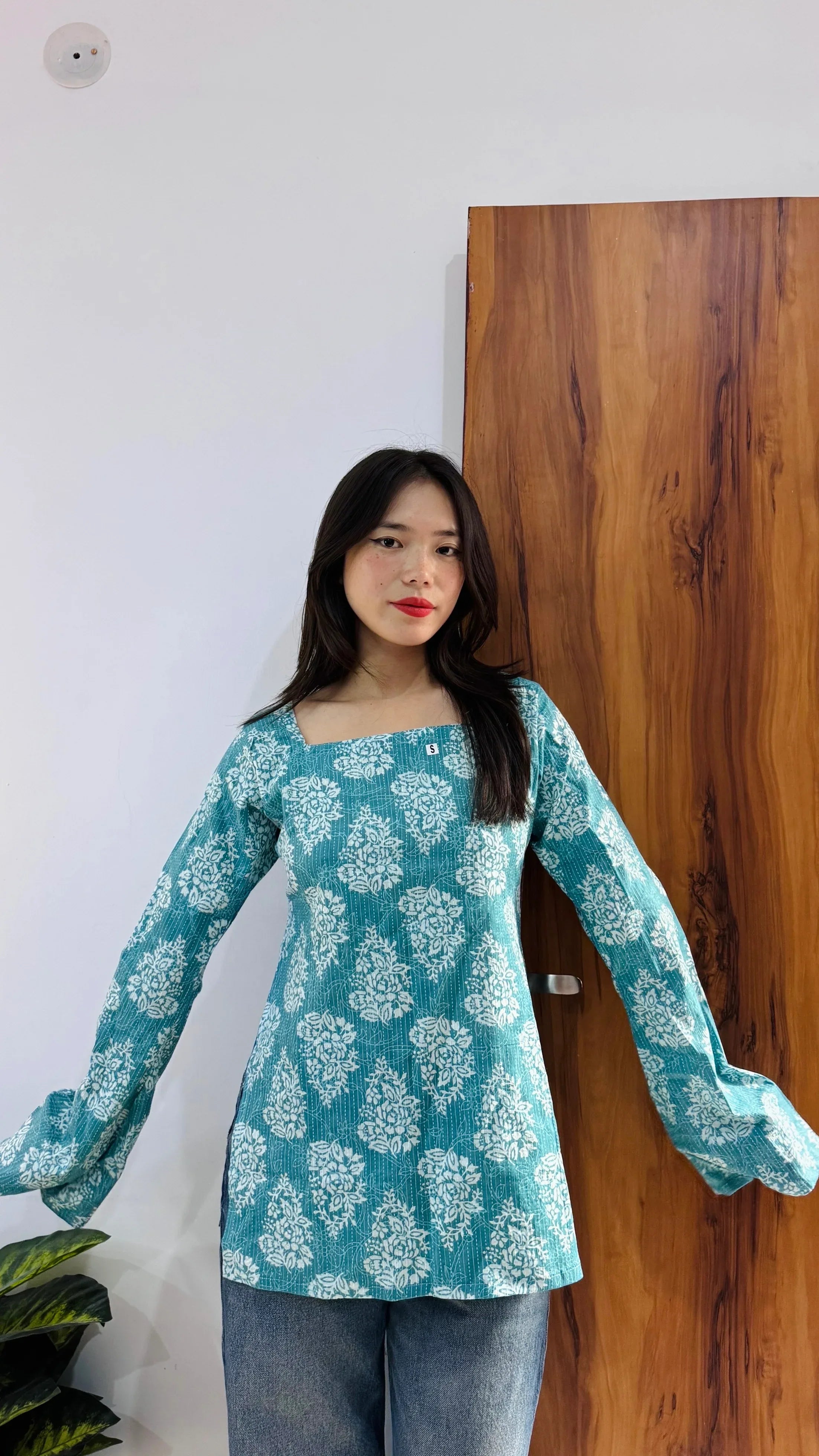 Cotton Katha Blue Bell Sleeves Back Crisscross design Short Kurti - Dolled Up