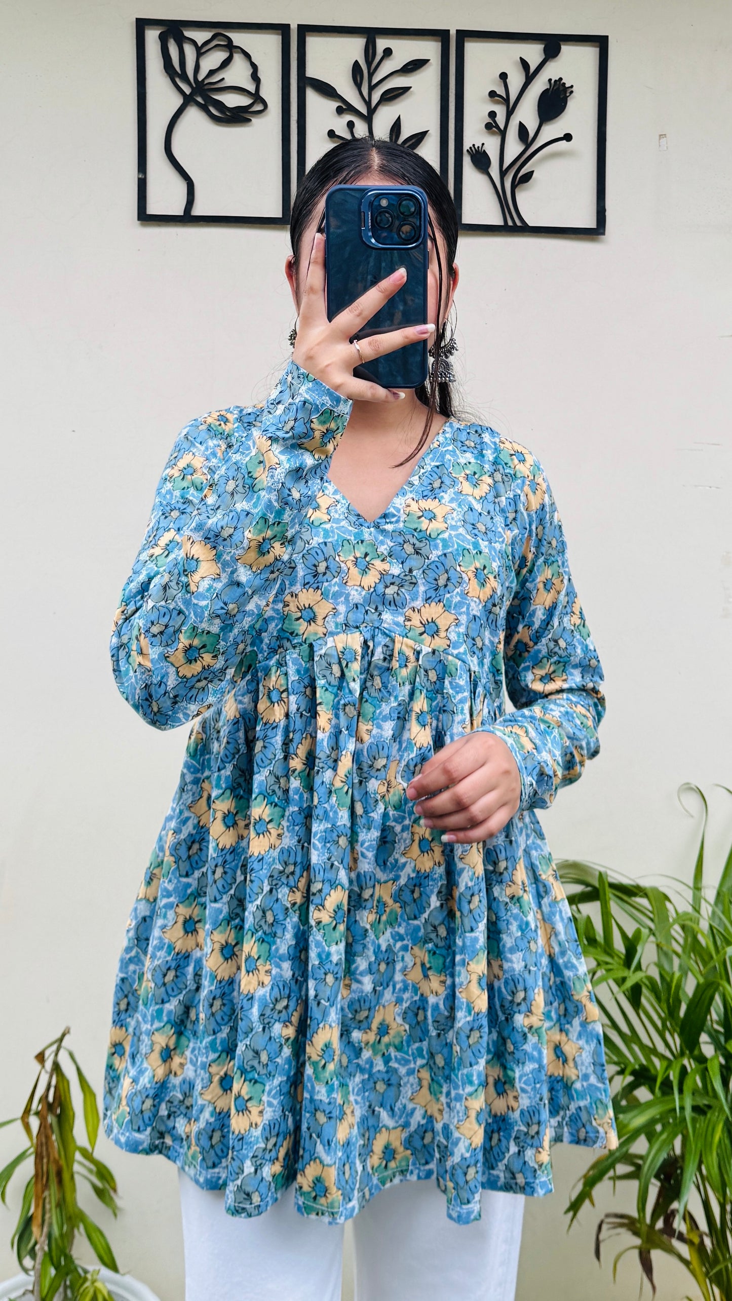 Cotton Skyblue Flared Floral Print Aliacut Peplum Top