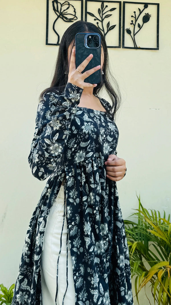 Cotton Full Sleeve Black Nyra Cut Long Kurti - Dolled Up