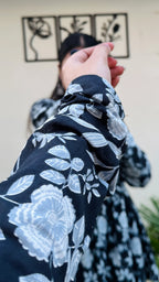 Cotton Flared Black Aliacut Floral Print Peplum Top - Dolled Up