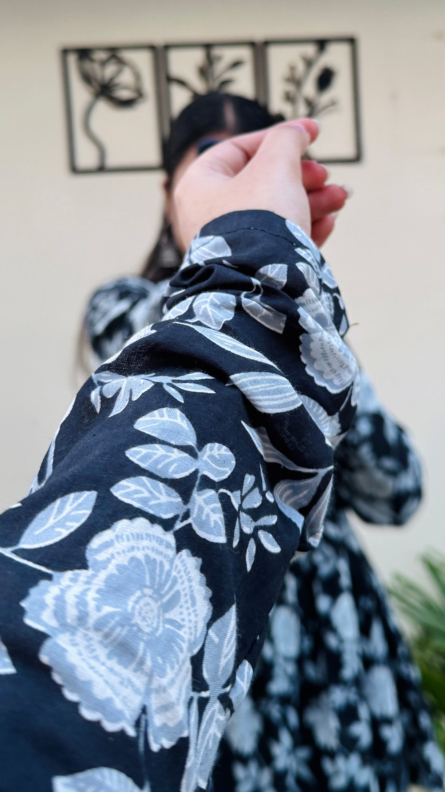 Cotton Flared Black Aliacut Floral Print Peplum Top