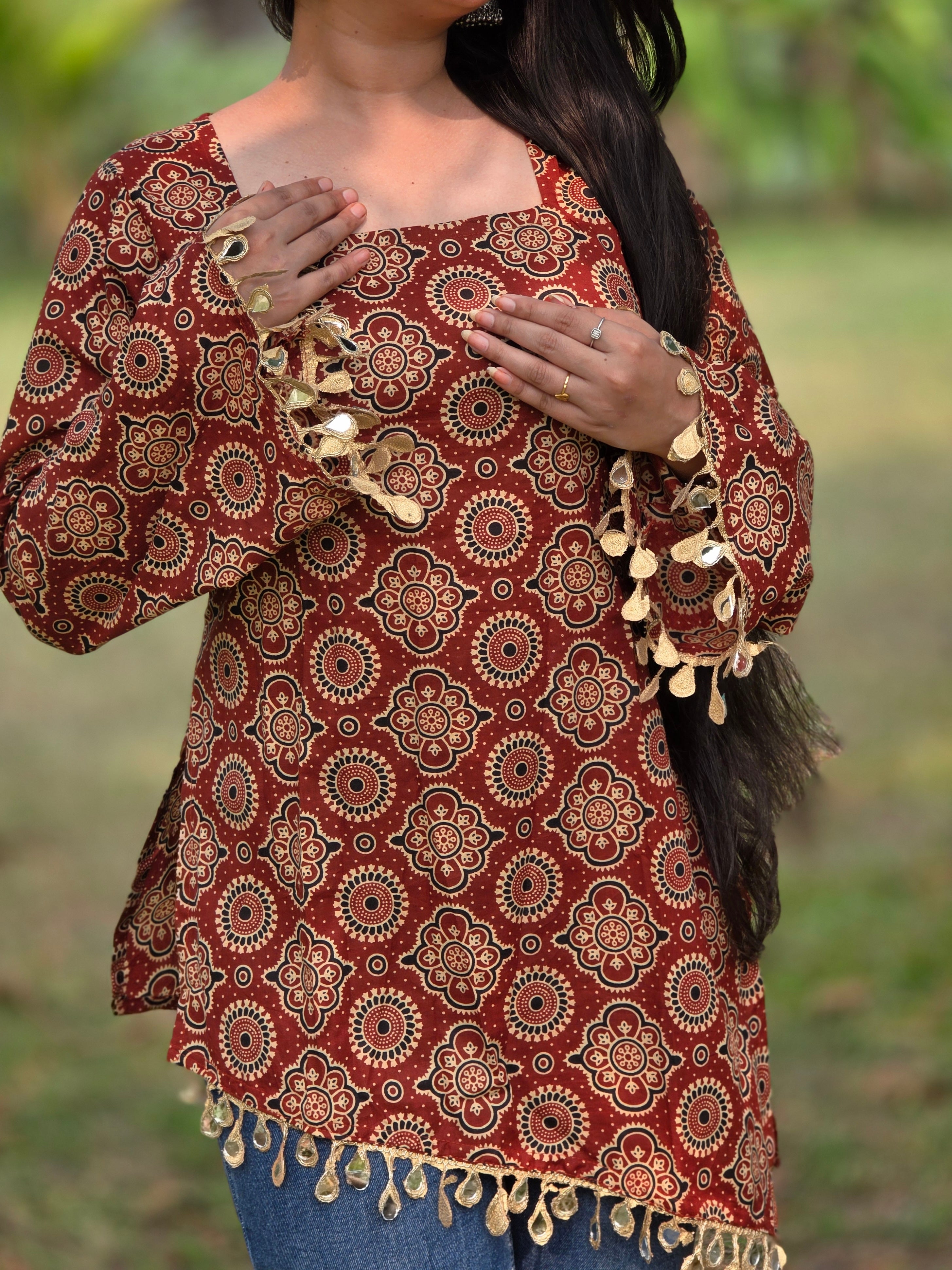 Cotton Printed With Mirror Work Lace Corset Back Kurti