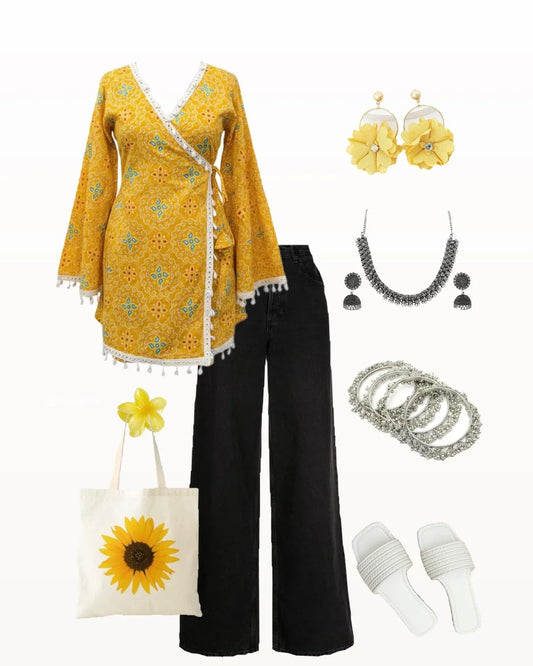 Angrakha Kurti+ Black Denim Jeans - Dolled Up