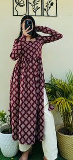 Cotton Full Sleeve Maroon Nyra Cut Long Kurti - Dolled Up
