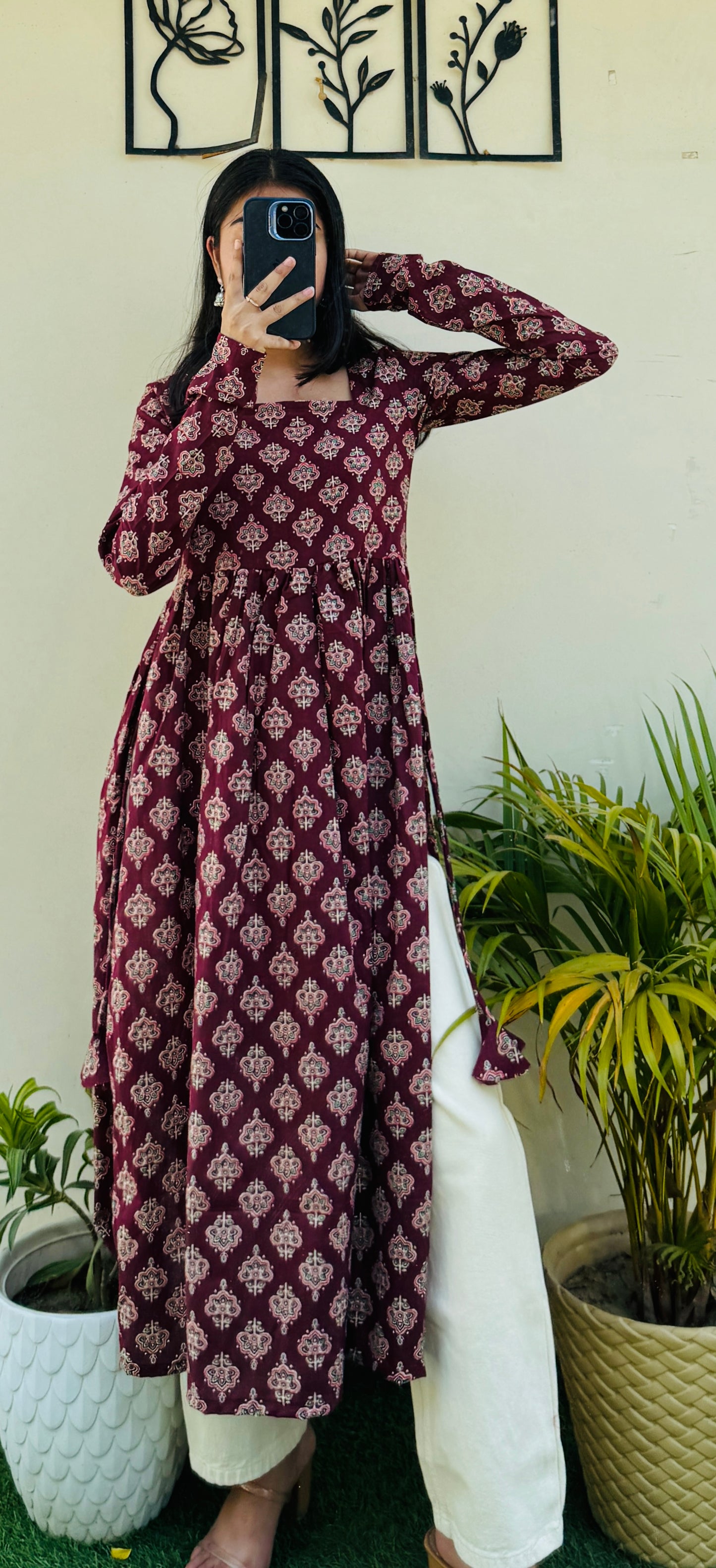 Cotton Full Sleeve Maroon Nyra Cut Long Kurti