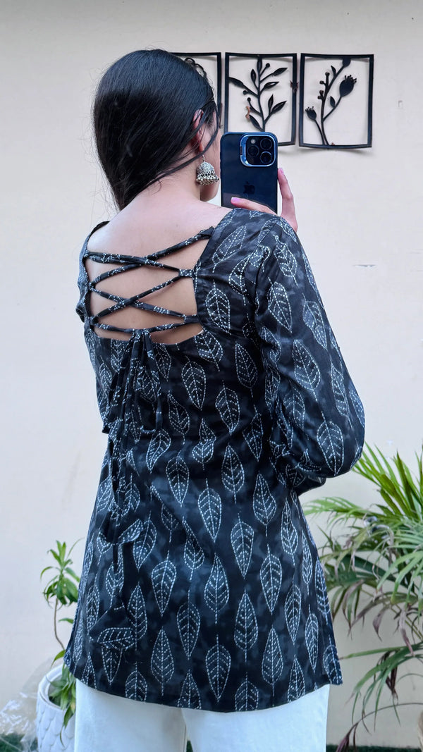 Cotton Bell Sleeves Back Crisscross design Short Kurti - Dolled Up