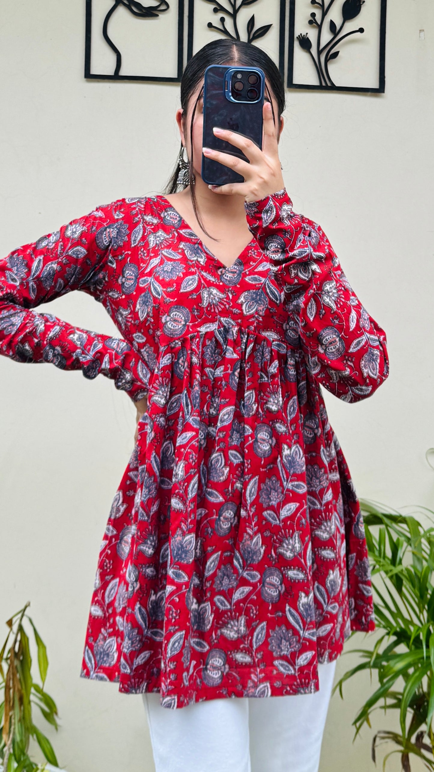 Cotton Flared Red Aliacut Floral Print Peplum Top