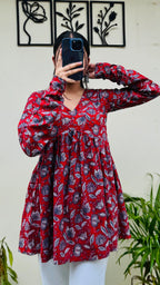 Cotton Flared Red Aliacut Floral Print Peplum Top - Dolled Up
