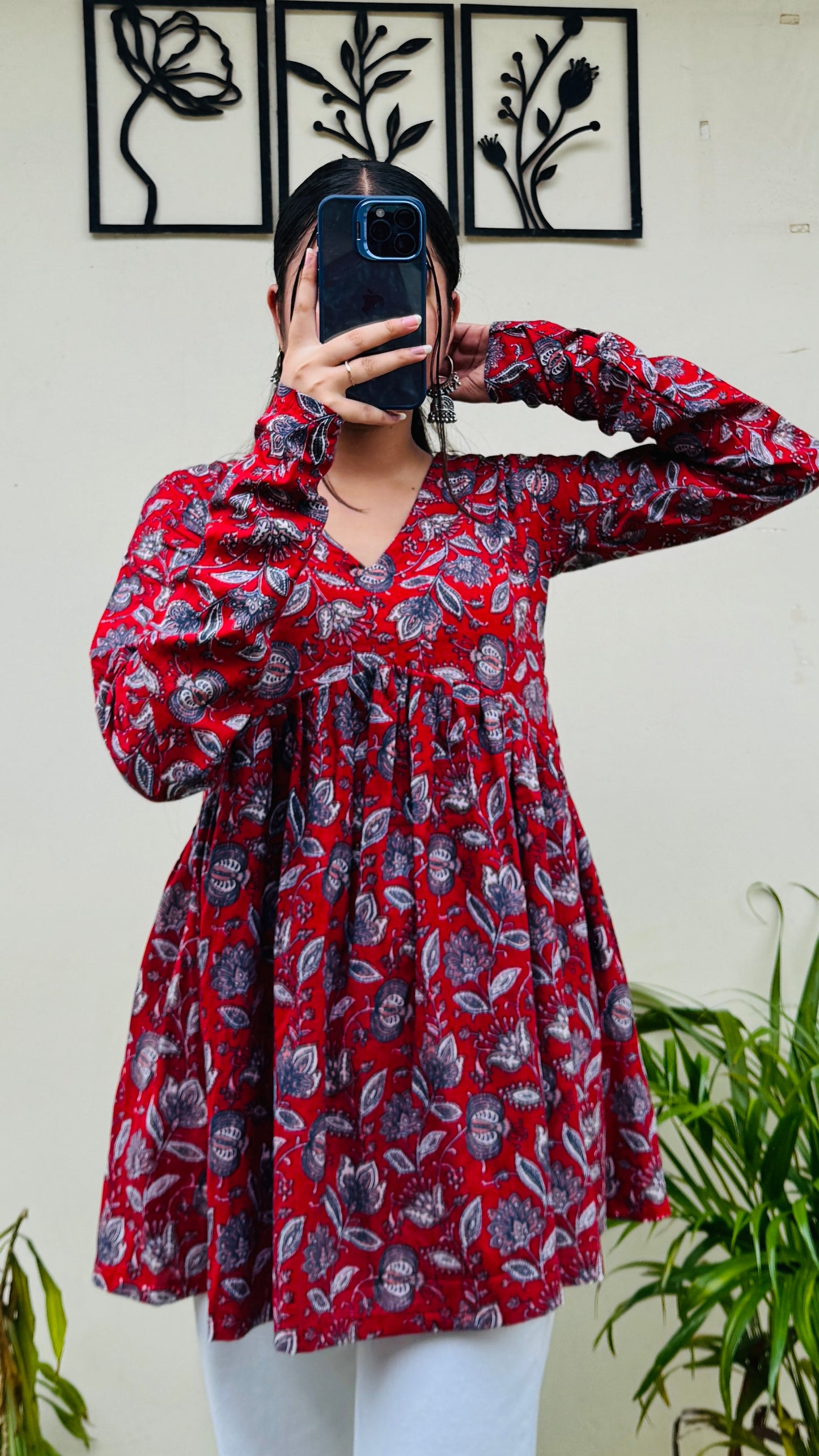 Cotton Flared Red Aliacut Floral Print Peplum Top