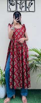 Cotton Ruffle Sleeveless Nyra Cut Long Kurti - Dolled Up