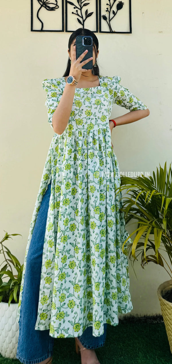 Cotton Printed White & Green Puff Sleeves Nyra Cut Long Kurti - Dolled Up