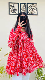 Cotton Red Flared Aliacut Floral Print Peplum Top - Dolled Up