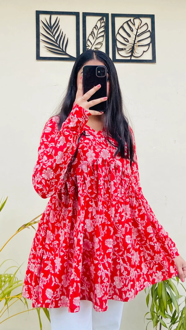 Cotton Red Flared Aliacut Floral Print Peplum Top - Dolled Up