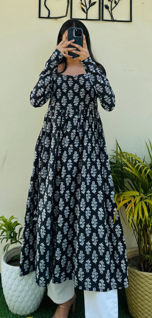 Cotton Full Sleeve Black Nyra Cut Long Kurti - Dolled Up