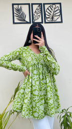 Cotton Green Flared Aliacut Floral Print Peplum Top - Dolled Up