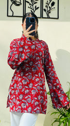 Cotton Bell Sleeve Floral Print Straight Short Kurti - Dolled Up