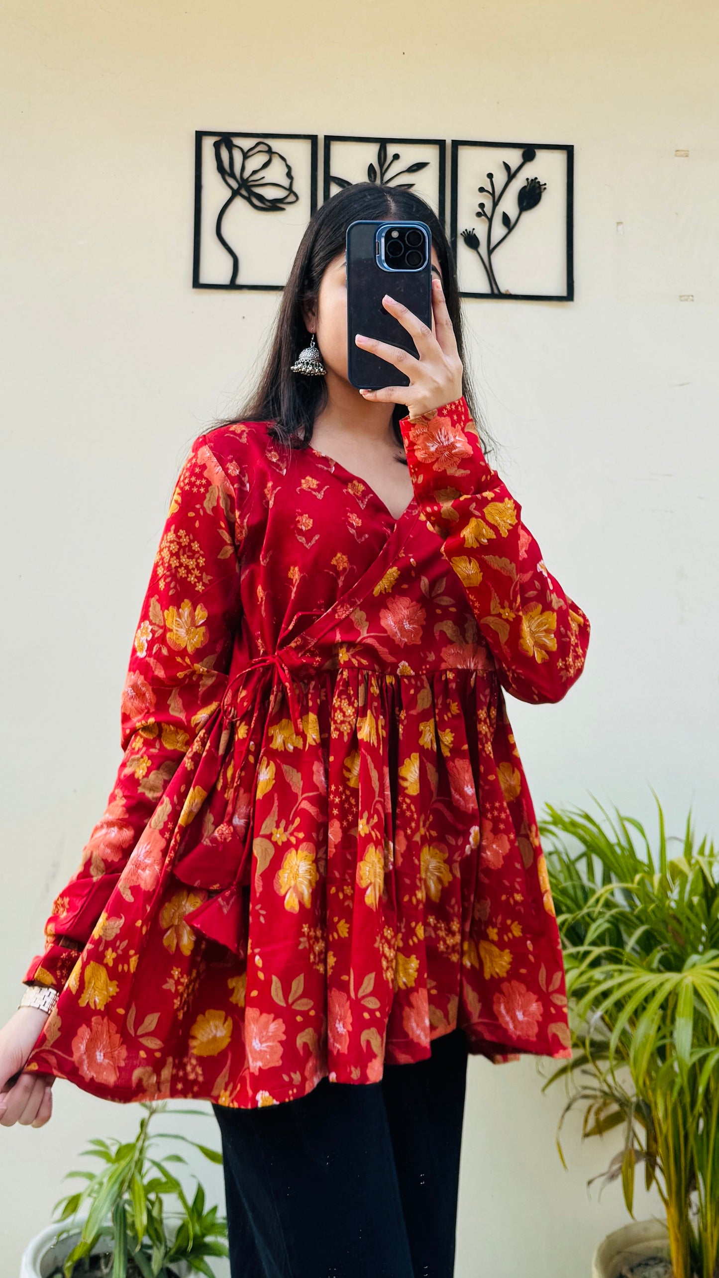 Cotton Red Angrakha Pattern Flared Floral Print Aliacut Peplum Top