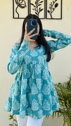 Katha Cotton Blue Flared Floral Print Aliacut Peplum Top - Dolled Up