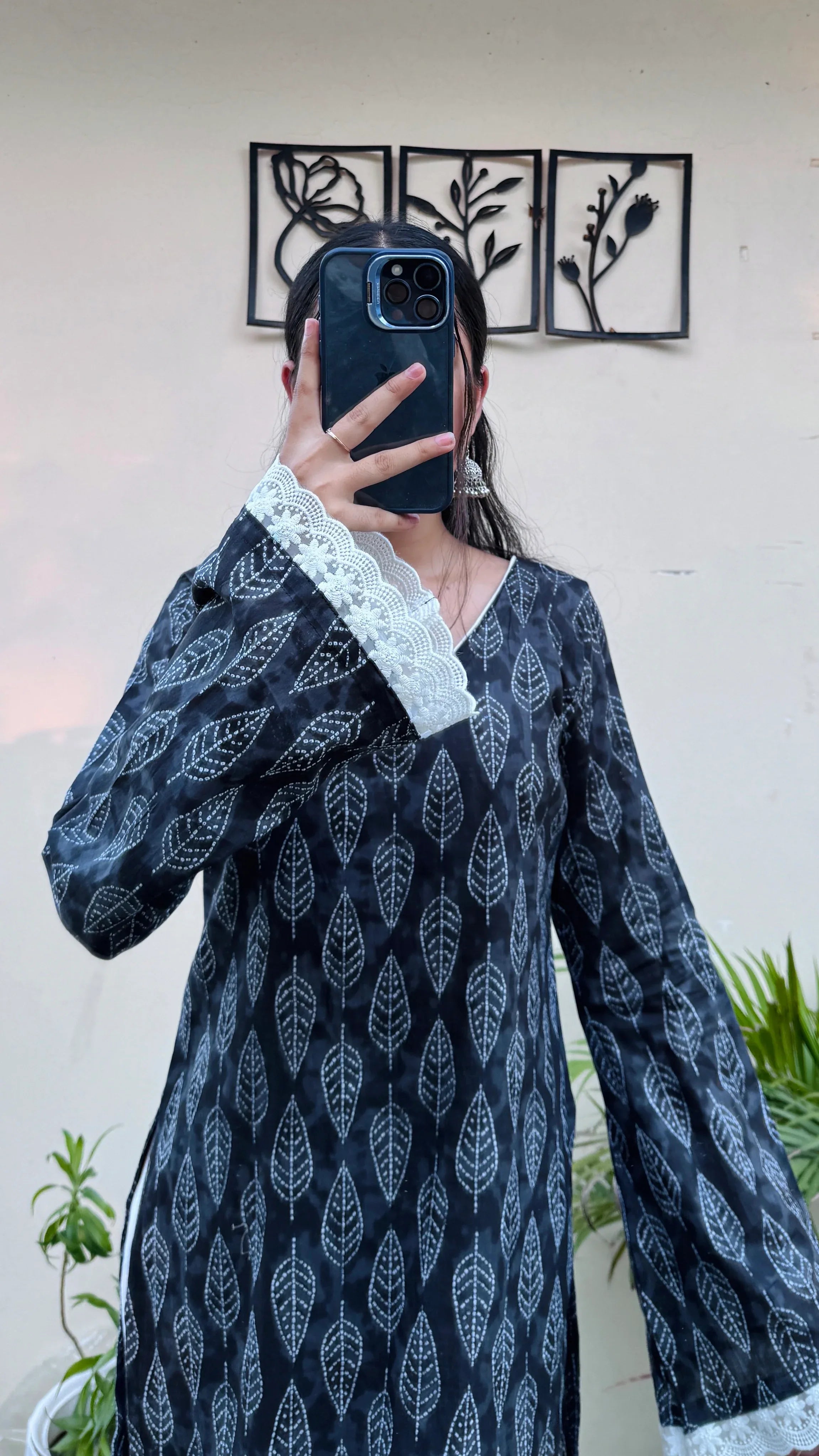 Cotton V-neck Lace Work Bellsleeves Long Kurti - Dolled Up