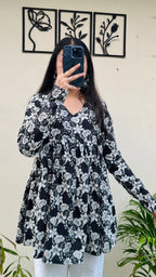 Cotton Flared Black Aliacut Printed Peplum Top - Dolled Up