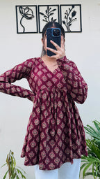 Cotton Flared Maroon Aliacut Ajarakh Print Peplum Top - Dolled Up