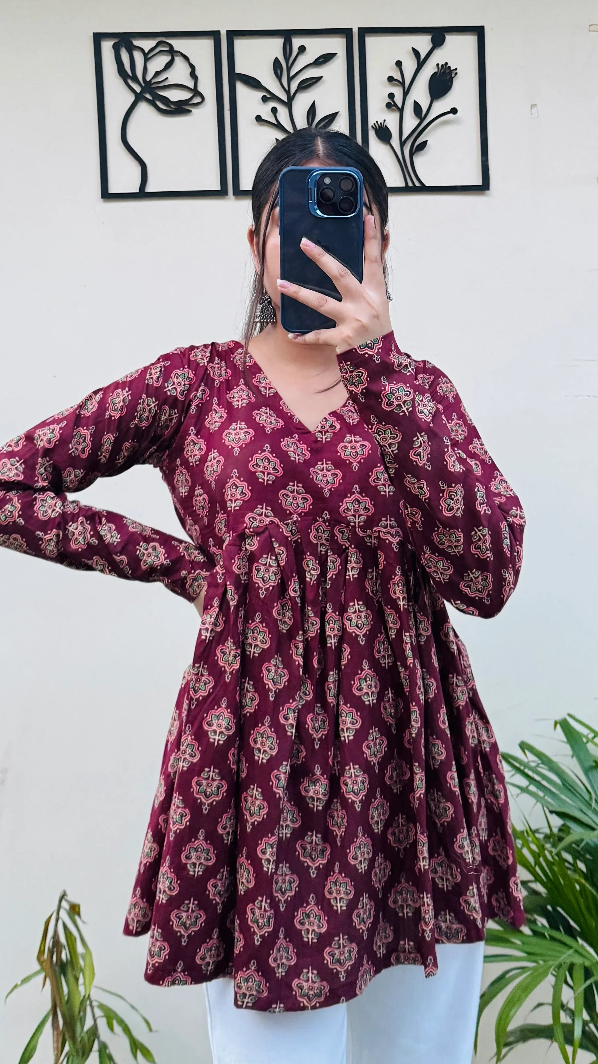 Cotton Flared Maroon Aliacut Ajarakh Print Peplum Top - Dolled Up