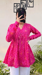Cotton Dark Pink Flared Printed Aliacut Peplum Top - Dolled Up