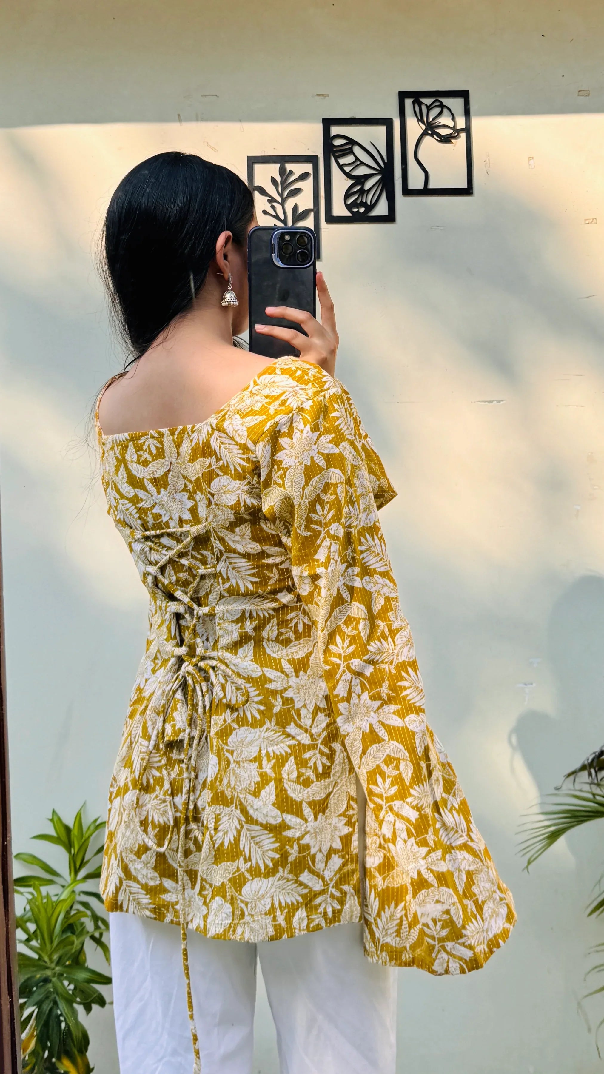 Cotton Katha Square Neck Corset Back Short Kurti - Dolled Up