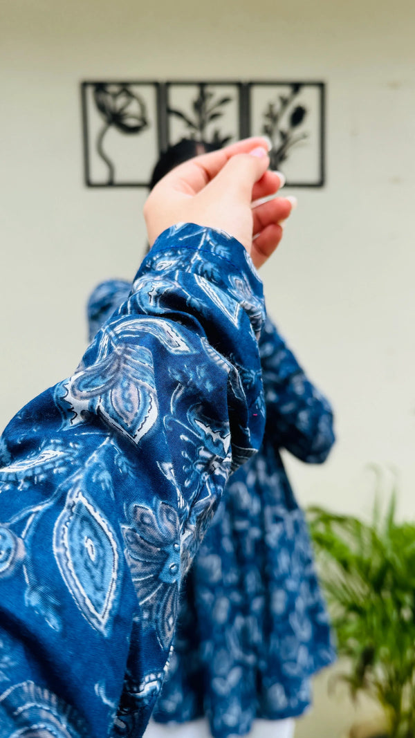 Cotton Flared Blue Aliacut Floral Print Peplum Top - Dolled Up