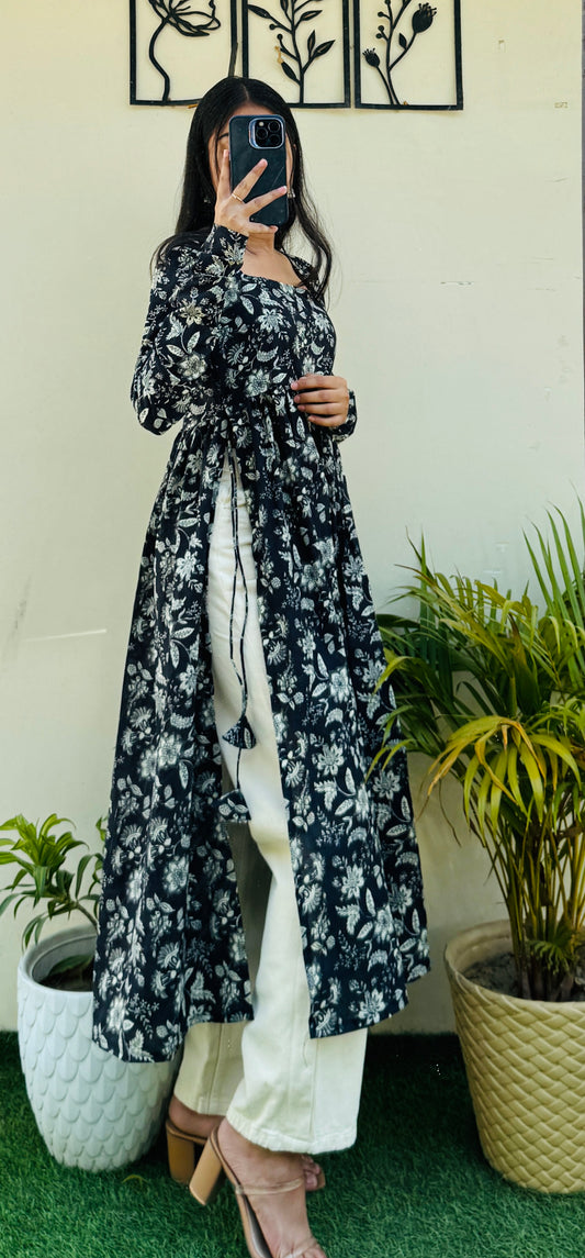 Cotton Full Sleeve Black Nyra Cut Long Kurti