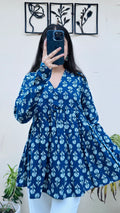 Cotton Blue Flared Printed Aliacut Peplum Top - Dolled Up