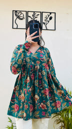 Cotton Flared Bottle Green Aliacut Floral Print Peplum Top - Dolled Up