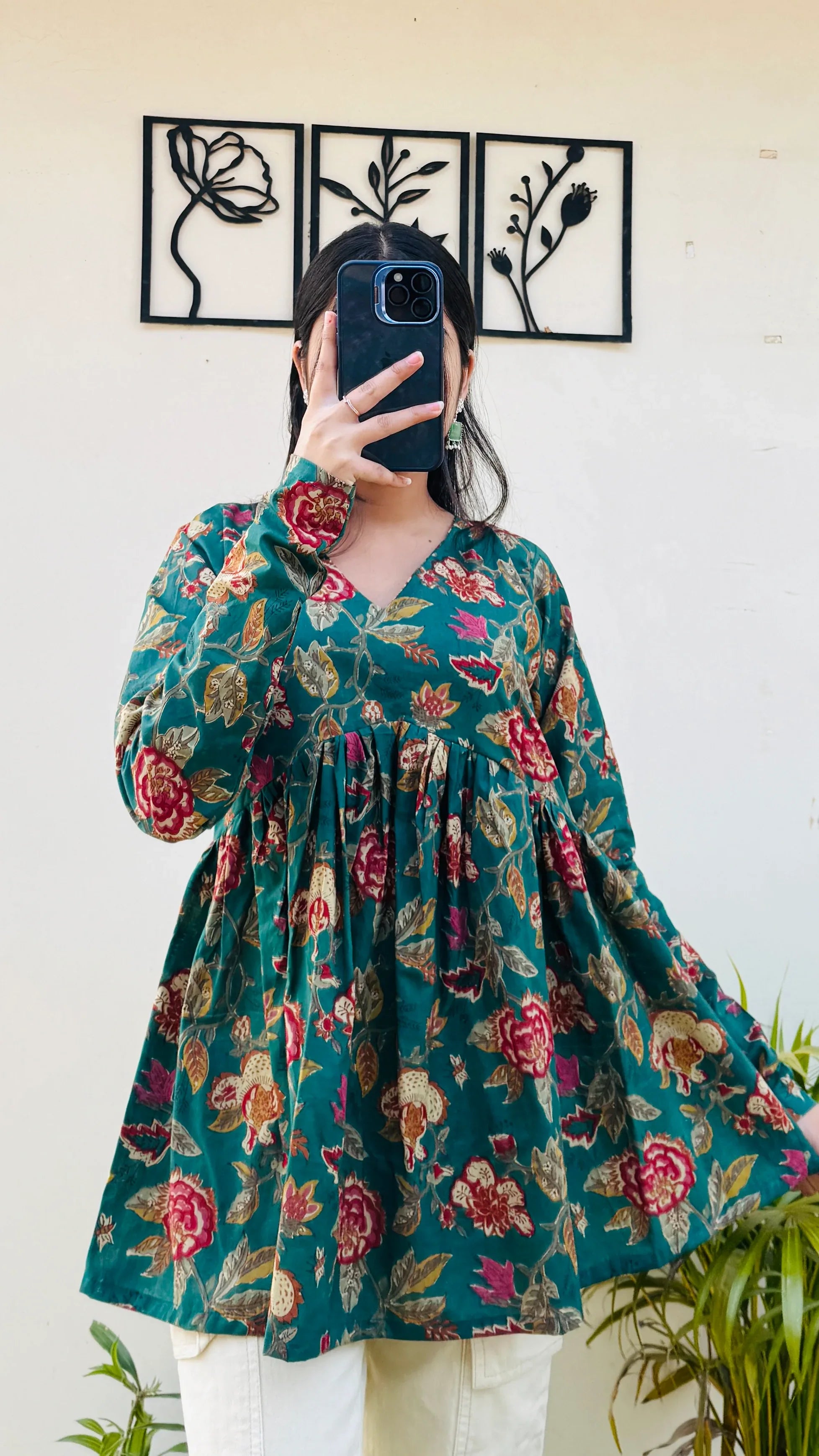 Cotton Flared Bottle Green Aliacut Floral Print Peplum Top - Dolled Up